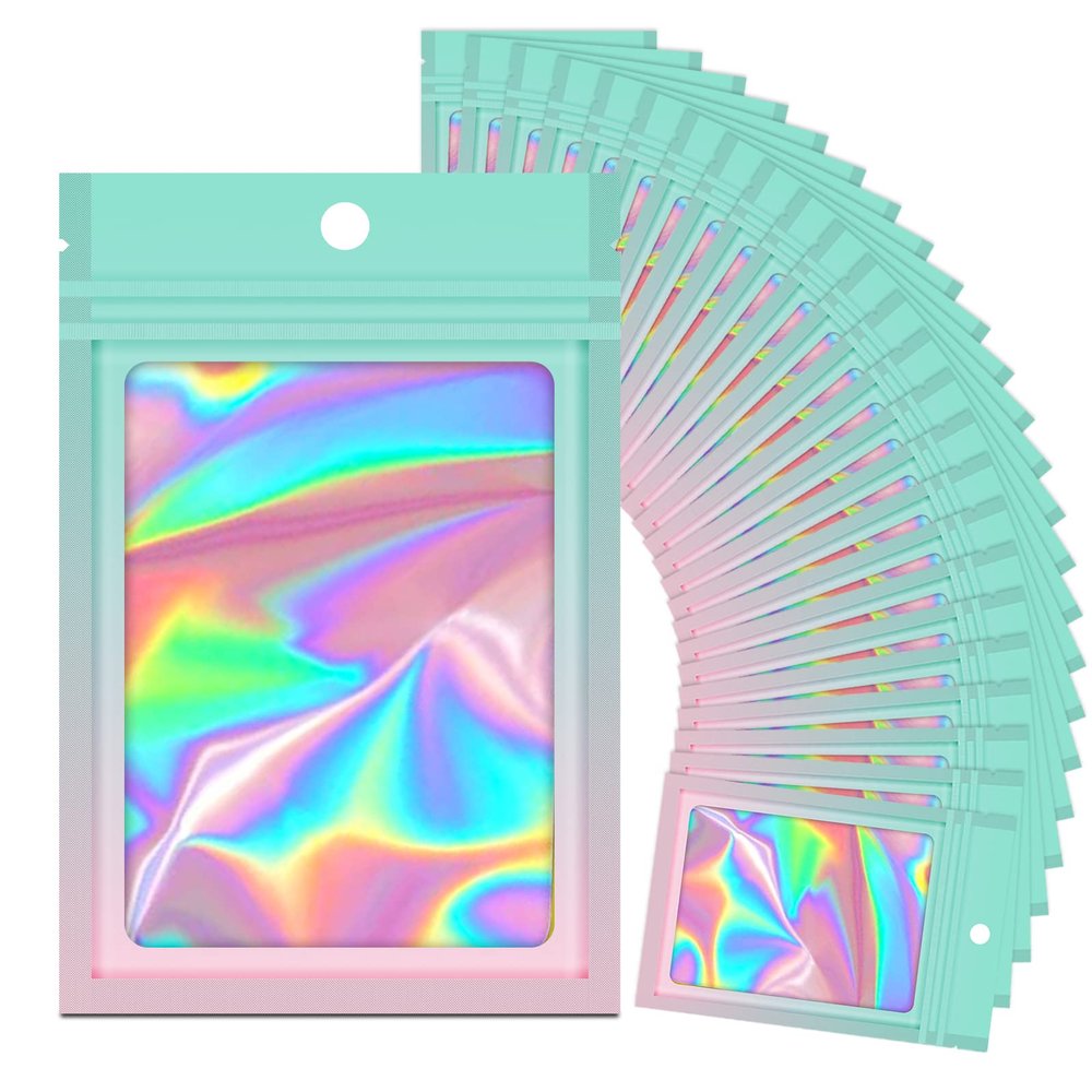 100 Holographic Gradient Mylar Bags with Clear Window, Resealable Zip Pouch, Packaging Party Sample Bags (Green&Pink, 3.5x4.7 Inch)