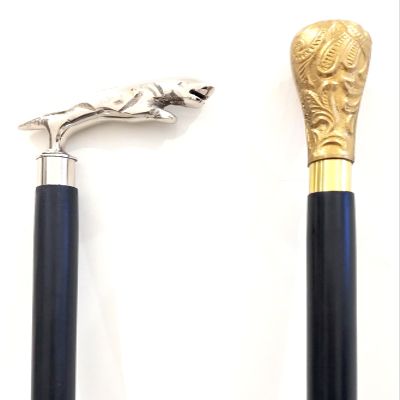 2 Piece Golden Silver Black Handmade Jaguar Royal Victorian Handle Brass with Round Walking Cane-Walking Stick