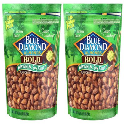 Wasabi Almonds by Blue Diamond in Bold Wasabi and Soy Sauce Flavor, A Flavored Almonds Thats Low in Carb and High in Protein, Ideal Wasabi Snack Packs for Adults Packed in a Resealable Bag for 2 Packs of 16 Oz