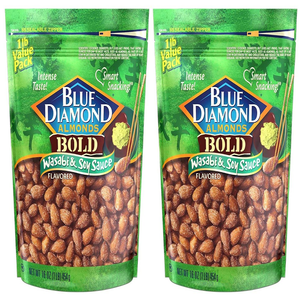 Wasabi Almonds by Blue Diamond in Bold Wasabi and Soy Sauce Flavor, A Flavored Almonds Thats Low in Carb and High in Protein, Ideal Wasabi Snack Packs for Adults Packed in a Resealable Bag for 2 Packs of 16 Oz