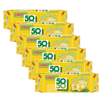 BRITANNIA Crackers 50 50 Maska Chaska Biscuit 2.19oz (62g) - Dipped in Butter and Peppered - Delicious, Light & Crispy Cookies (Pack of 6)
