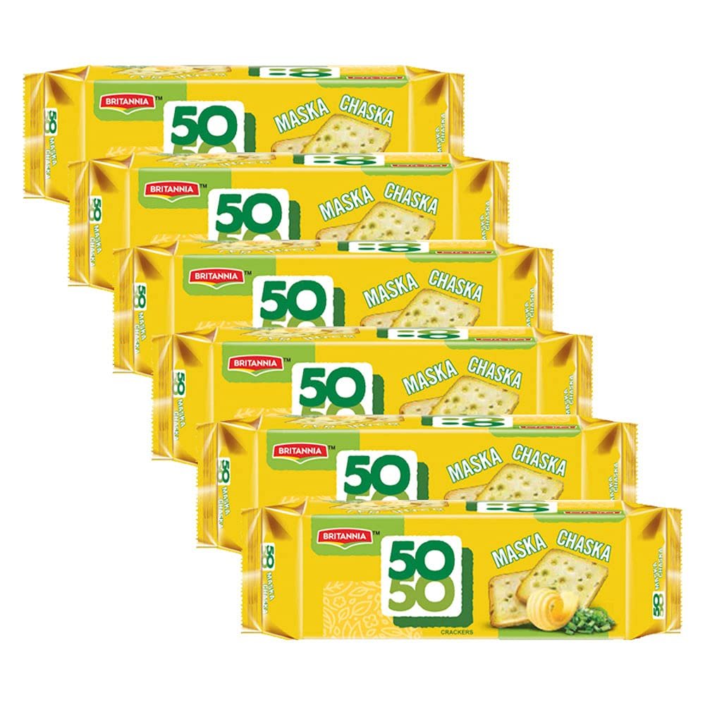 BRITANNIA Crackers 50 50 Maska Chaska Biscuit 2.19oz (62g) - Dipped in Butter and Peppered - Delicious, Light & Crispy Cookies (Pack of 6)