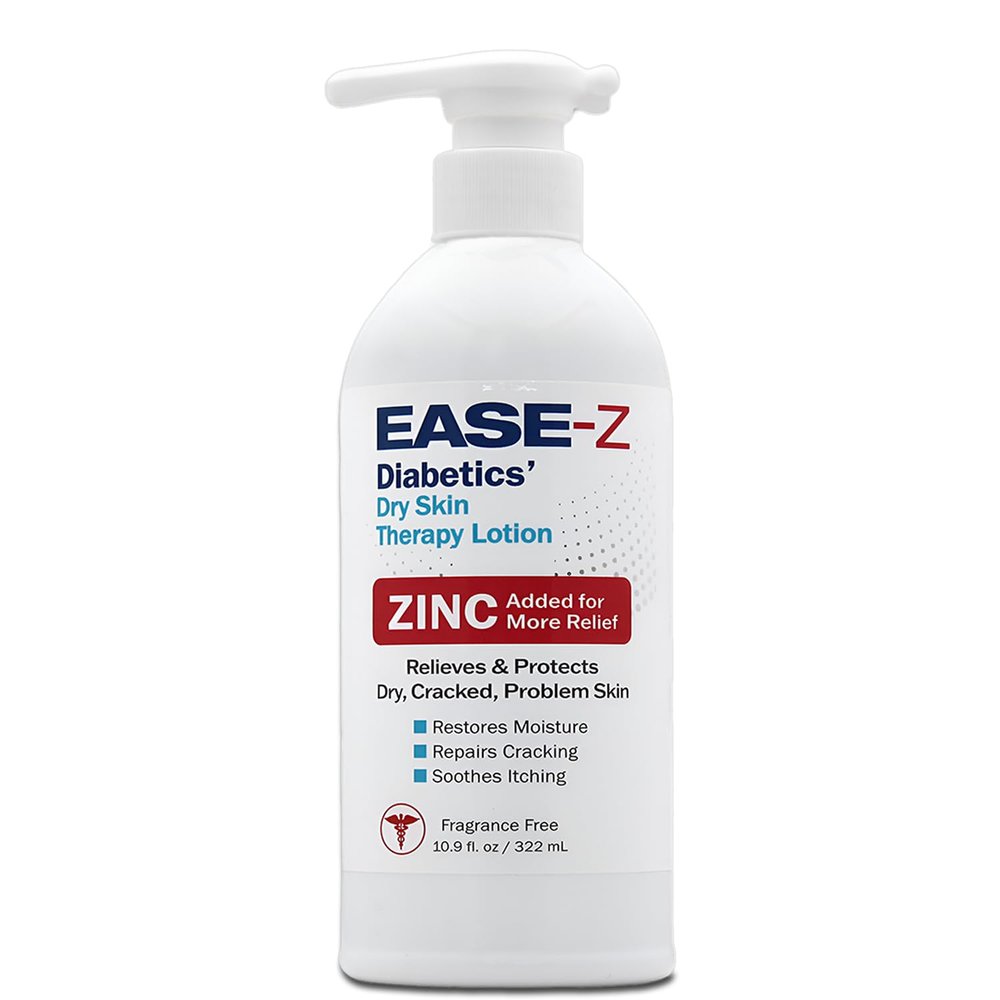 EASE-Z Diabetic Lotion for Dry Skin. Clinically Proven ingredients and ZINC relieve dryness, reduce redness, and calm itching. With Shea Butter. Fast-Acting, Long-Lasting. 10.9 oz