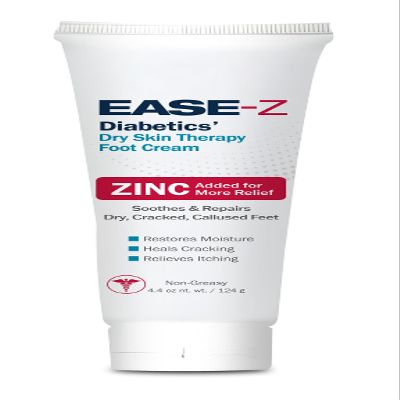 EASE-Z Diabetic Foot Cream. Clinically Proven Ingredients and ZINC Relieve Dry, Cracked, Callused Feet and Hands. Soothes Pain and Burning. Shea Butter moisturizes. Fast-Acting, Long-Lasting. 4.4 oz.