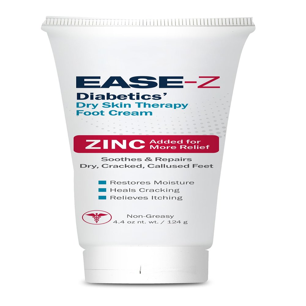 EASE-Z Diabetic Foot Cream. Clinically Proven Ingredients and ZINC Relieve Dry, Cracked, Callused Feet and Hands. Soothes Pain and Burning. Shea Butter moisturizes. Fast-Acting, Long-Lasting. 4.4 oz.