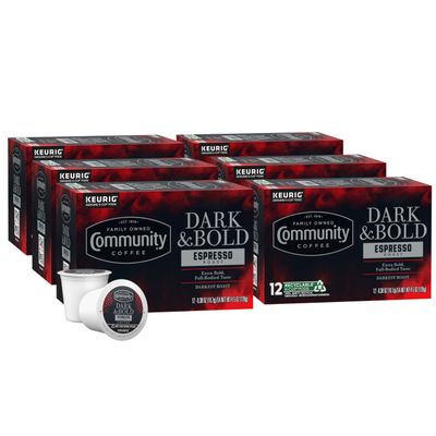 Community Coffee Dark & Bold Espresso Roast Coffee Pods, 72 count, Extra Dark Roast Compatible with Keurig 2.0 K-Cup Brewers, 12 Count (Pack of 6)