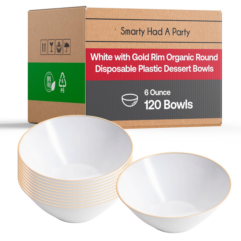 6 oz Disposable Bowls White with Gold Rim (120 Pieces) High-End Disposable Soup Bowls, Fancy Plastic Dessert Set; Coordinates with White & Gold Plastic Plates | Smarty Had A Party