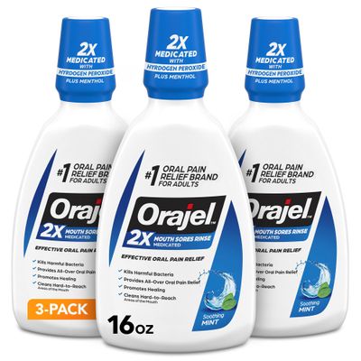 Orajel Nonseptic Mouth Sore Rinse 16oz, Soothing Mint Flavor, Provides Pain Relief, Promotes Healing, 3-Pack
