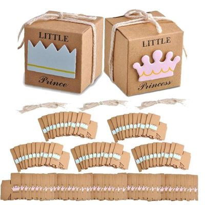 100pcs Candy Box Kraft Paper Little Little Princess Crown Gift Boxes Baby Shower Bag for Girls Boys Birthday Party Blue Pink