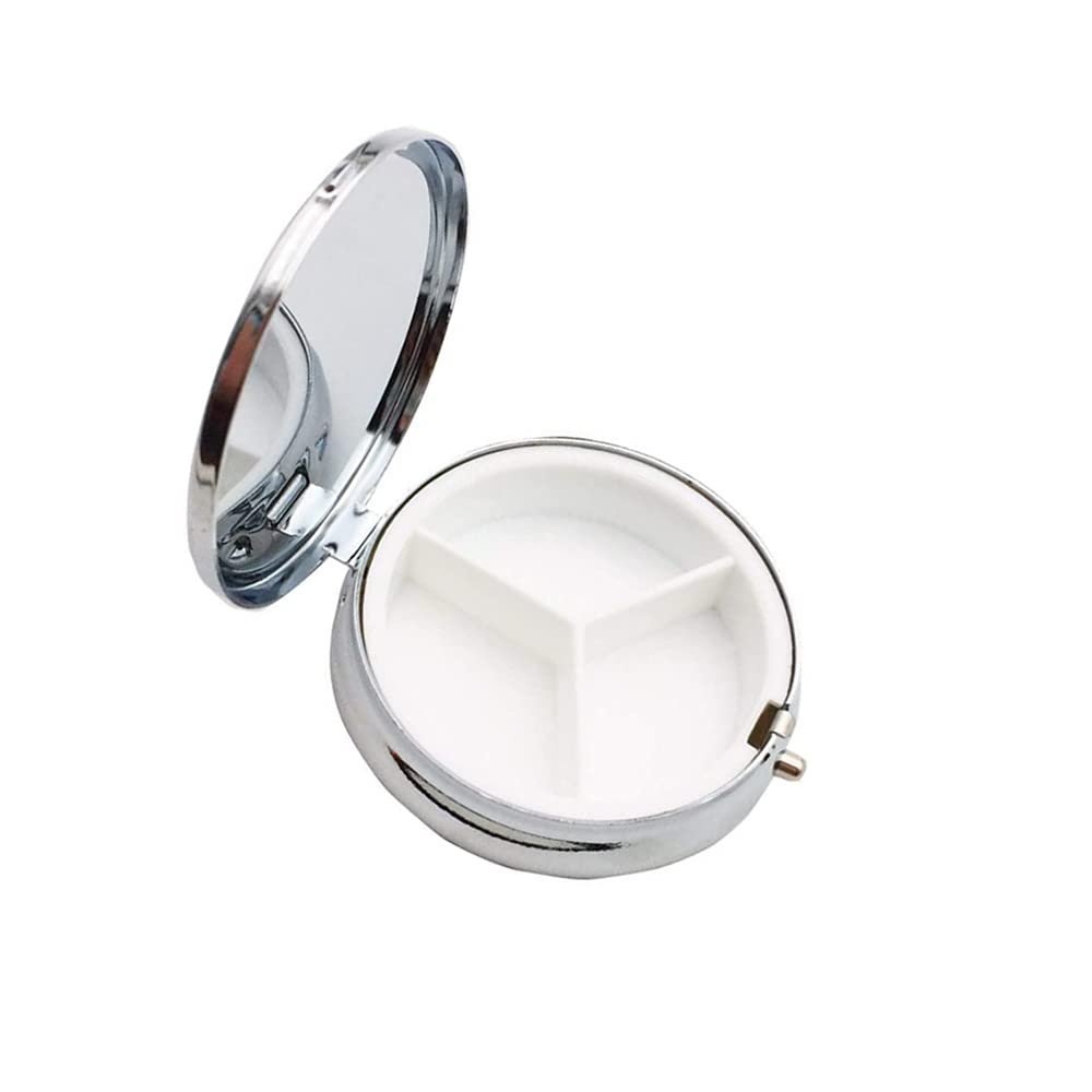 2PCS Portable Round Metal Pill Box Case Mini Medicine Tablet Organizer Container Holder for Pocket Purse Handbag Travel Gift - Compact 3 Compartments,Random Color