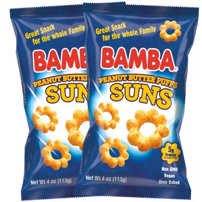 Bamba Peanut Butter Suns - Peanut Butter Sun Puffs Bulk, Vegan PB Snack with Crunch for Kids, Grain Free Protein Snack, No Sugar - 4oz Bags (2 Pack)