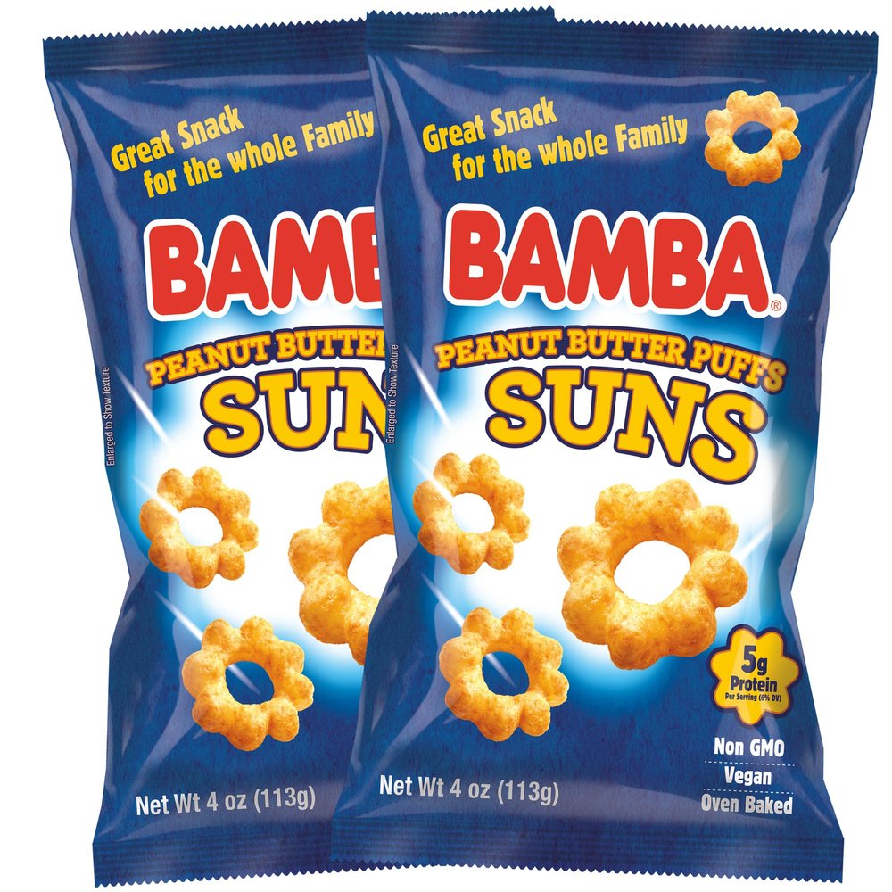 Bamba Peanut Butter Suns - Peanut Butter Sun Puffs Bulk, Vegan PB Snack with Crunch for Kids, Grain Free Protein Snack, No Sugar - 4oz Bags (2 Pack)