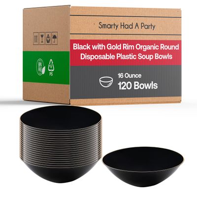 Smarty Had A Party 120 Disposable Plastic Plates with Rim Design, 16 oz Black and Gold Soup Bowls, Round Dinnerware for Weddings, Birthdays, and All Occasions