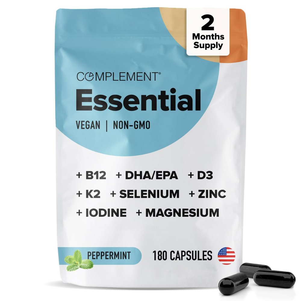 Complement Essential Vegan Multivitamin for Men & Women (60 Servings, 180 Capsules) with Omega-3 DHA & EPA, B12, Vitamin D3 & K2, Zinc, Selenium, Magnesium, Iodine - Supports Immunity & Overall Health