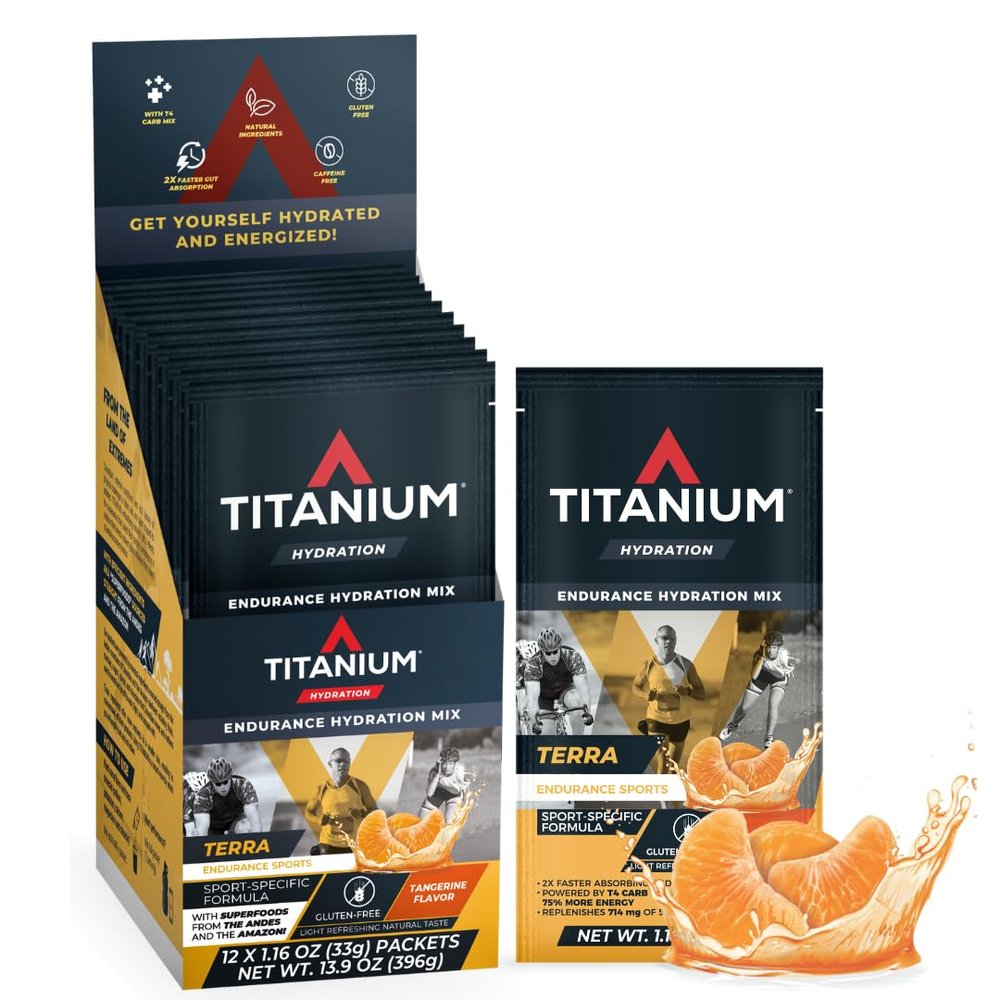 TITANIUM Terra Hydration Drink Mix Packets (12 Count) - Carbohydrate Powder & Electrolyte Mix - Sports Drink Powder for Cycling, Running, Hiking - Endurance Drink - Gluten Free