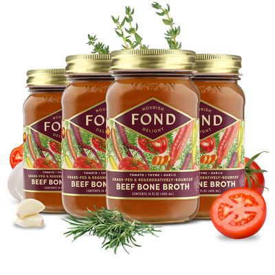 FOND Regenerative Grass Fed Beef Bone Broth Infused with Organic Tomato & Thyme  Slow-Simmered Beef Broth for Rich and Nourishing Flavor, Nutrient-Dense, Artisan Quality  14 oz (4-Pack)