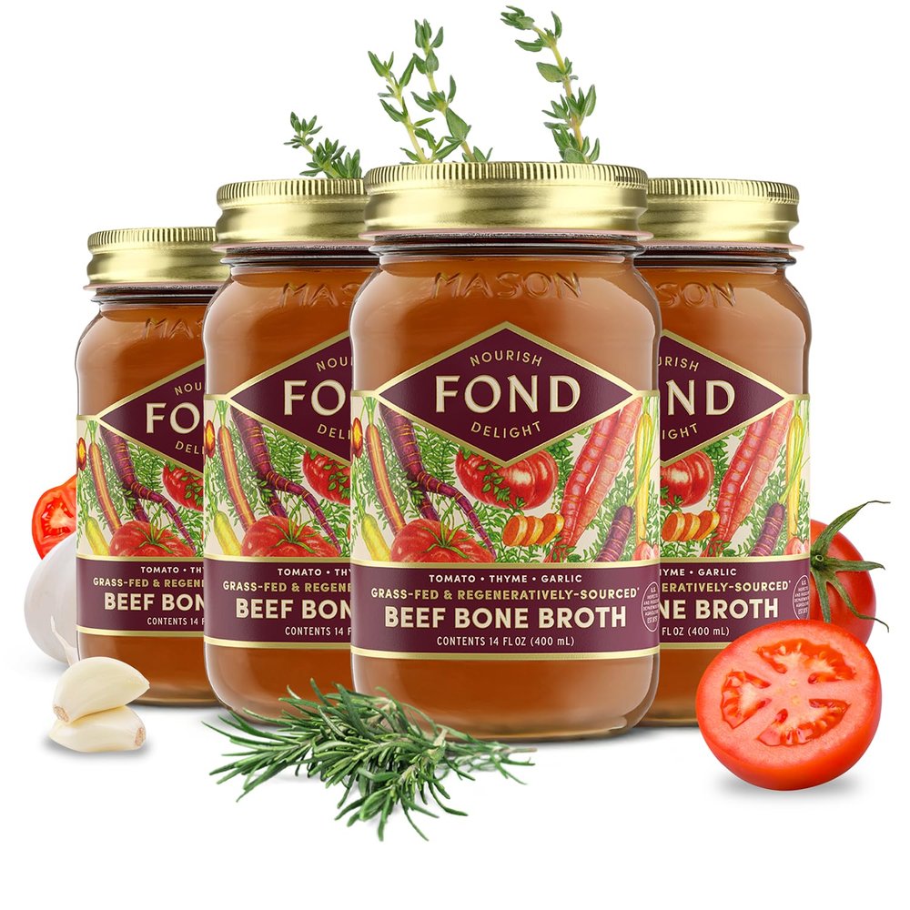 FOND Regenerative Grass Fed Beef Bone Broth Infused with Organic Tomato & Thyme  Slow-Simmered Beef Broth for Rich and Nourishing Flavor, Nutrient-Dense, Artisan Quality  14 oz (4-Pack)