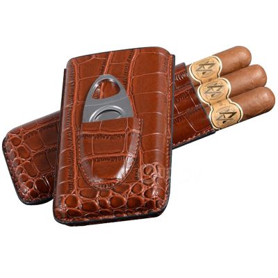 Brown Crocodile Pattern Leather Humidors,Cigars Case with Stainless Steel Cigar Cutter,Hold 3 Tube Cigars,Used for Travel and Work,Brown