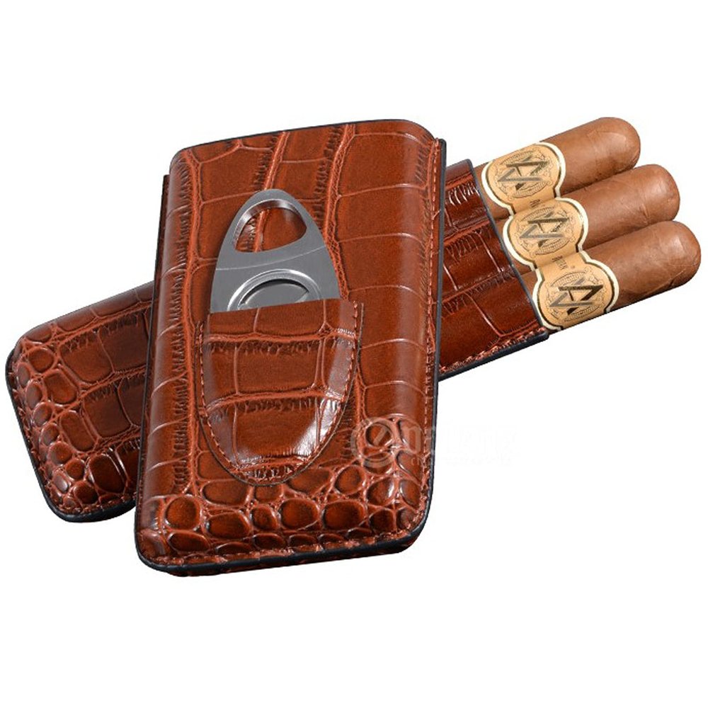Brown Crocodile Pattern Leather Humidors,Cigars Case with Stainless Steel Cigar Cutter,Hold 3 Tube Cigars,Used for Travel and Work,Brown