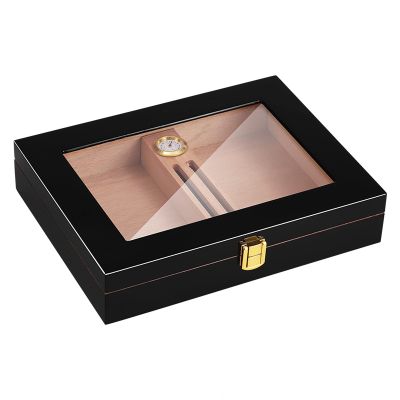 Cigar Humidor,Tempered Glass Top Display with Digital Hygrometer and Humidifier Holds 10-18 Cigars,Temperature Control Household Cigar Aging Box(Black)