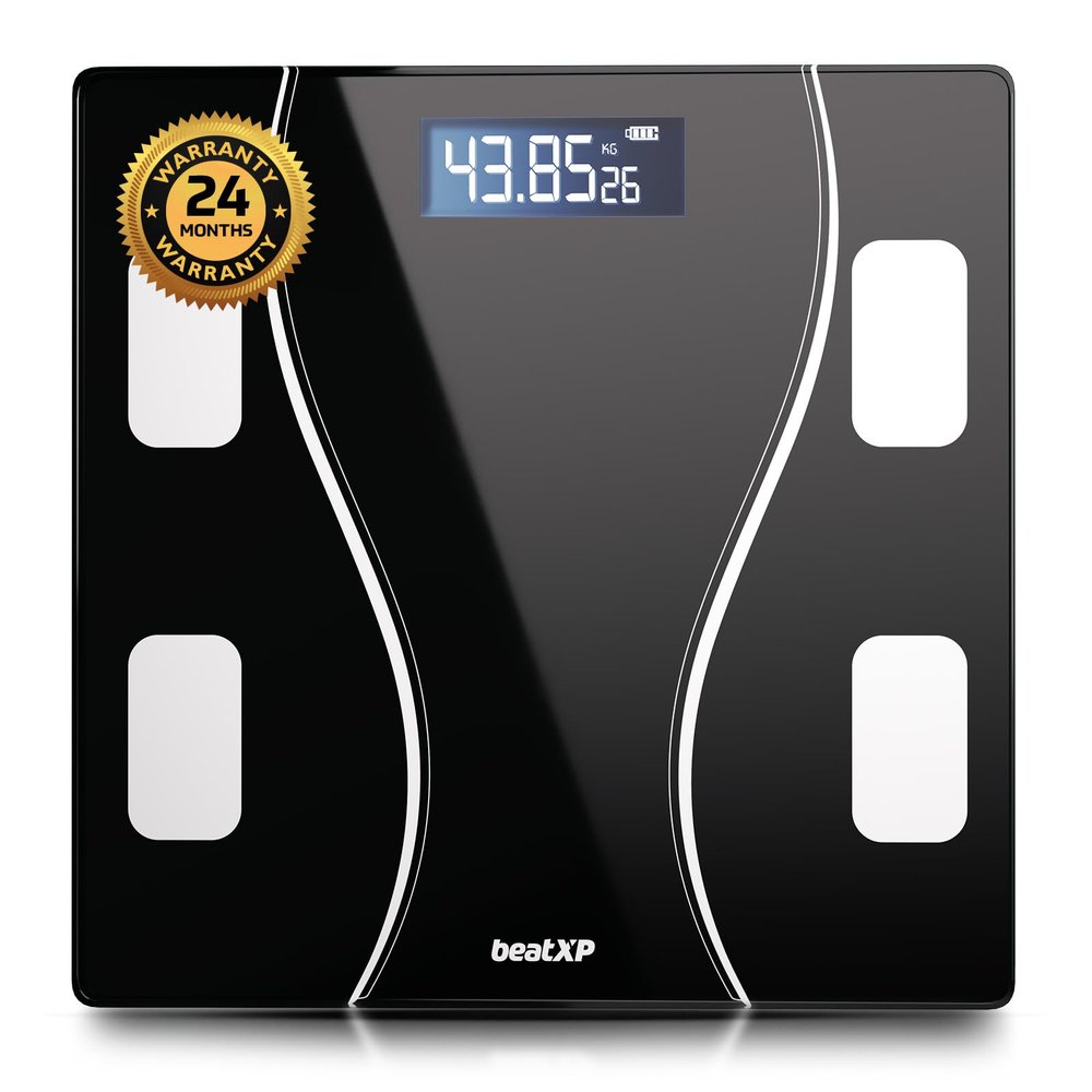 beatXP Black Art Weighing Machine with Backlit LCD Panel & 5mm Thick Tempered Glass, Weight Machine for Body Weight with 2 Year Warranty