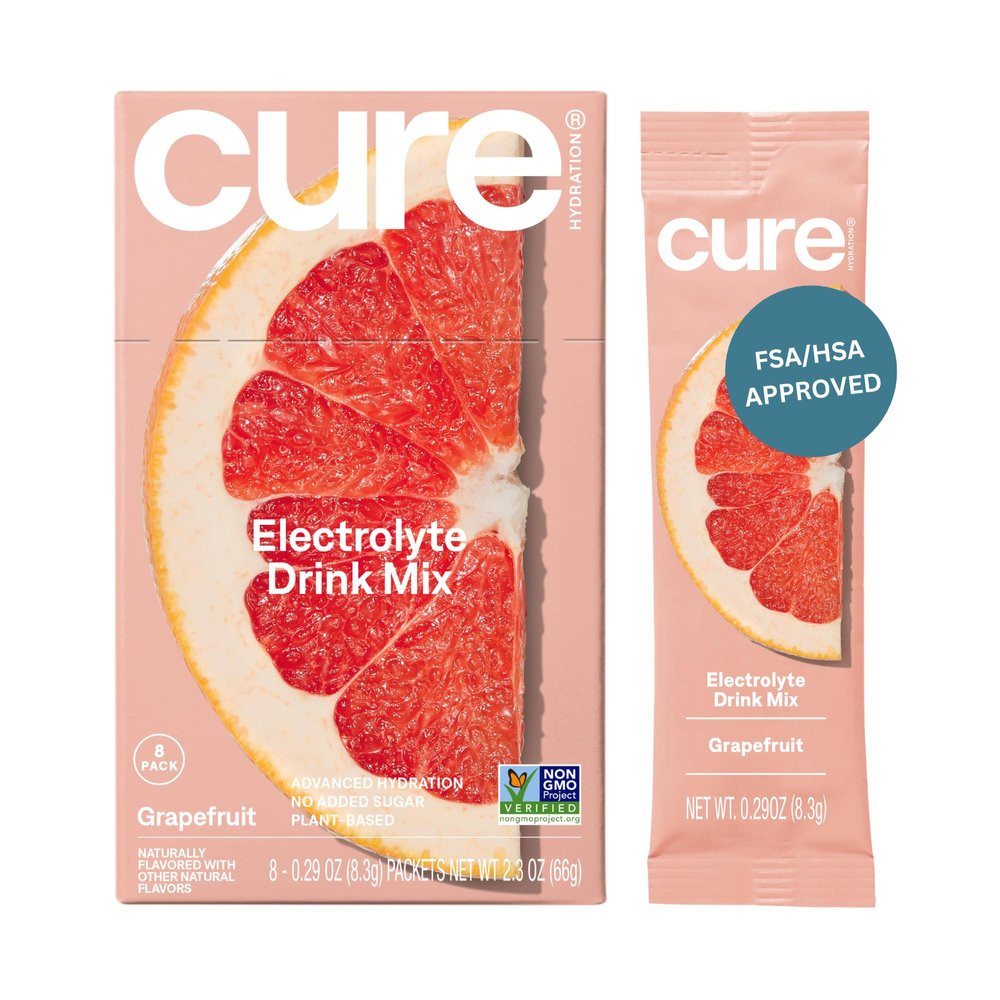 Cure Hydration Plant-Based Electrolyte Drink Mix | No Added Sugar | Dehydration Relief | Coconut Water Powder | FSA-HSA Eligible | Non-GMO, Vegan | 8 Packets Grapefruit