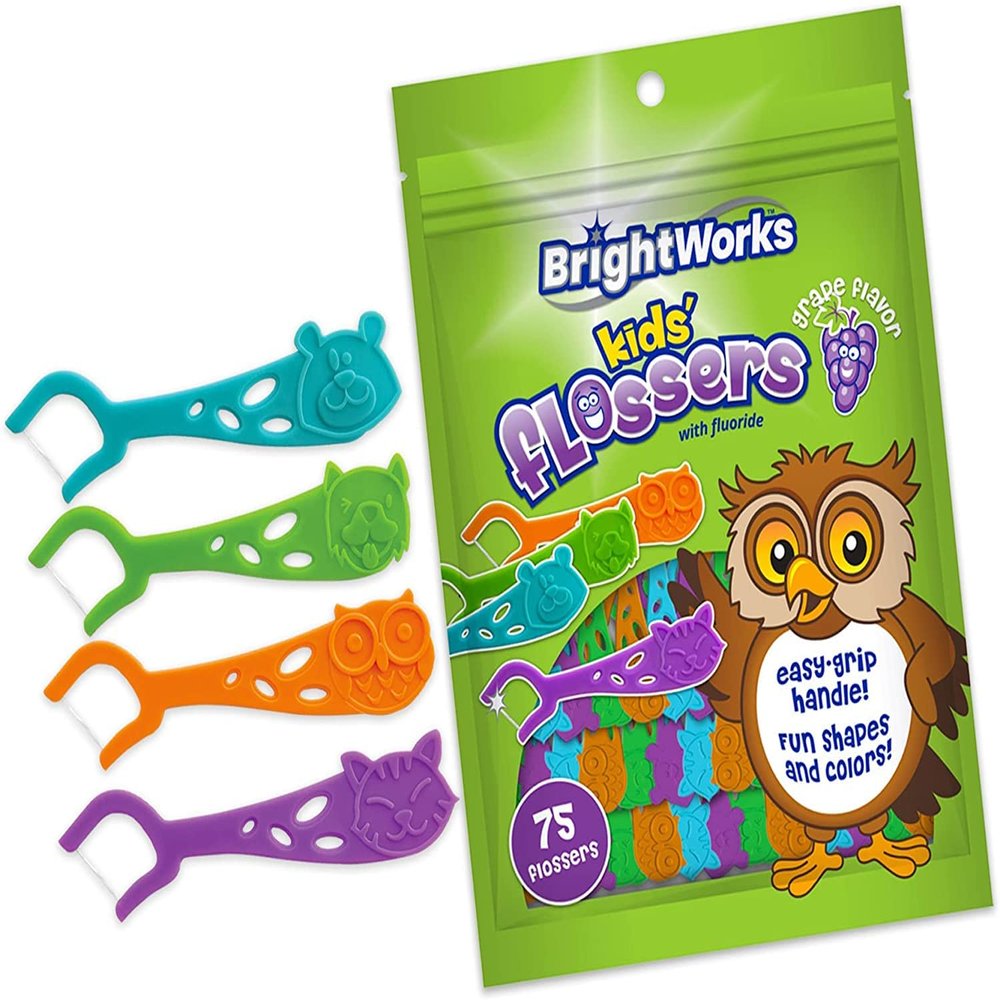 Kids Grape-Flavored Dental Flossers, Colorful Animals add Fun to Support Healthy Habits, Easy-Grip Handle and Fluoride-Coated Floss, Pack of 3 x 75 Pieces
