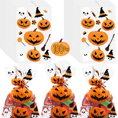 AnapoliZ Halloween Treat Bags | 100 pcs (6 x 9 Inch) |2.5 Mil Crystal Clear Cellophane Bags with Fun Scary Designs | Pumpkins, Witches Cello Bags | Halloween Party Decorations, Spooky Treat Bags