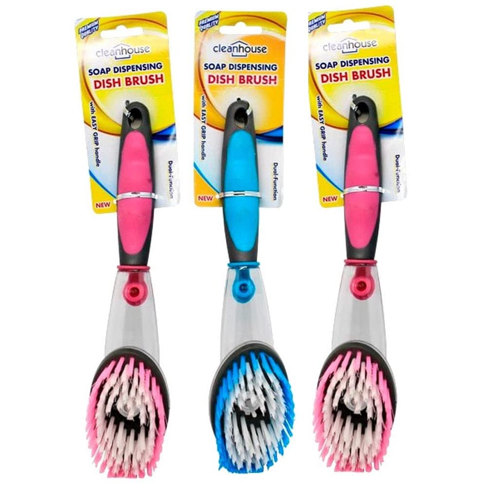 3 Soap Dispensing Dish Brush Scrub Brush with Soap Dispenser Dish Pans Sink Pots 3 Dish Brush with Soap Dispenser Scrubber Kitchen Scrub Pots Pans Ergonomic Grip Multi Use 10.5" L Cleaning Brush