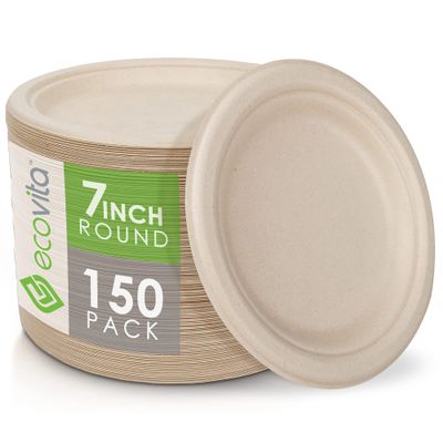 Ecovita 100% Compostable Paper Plates [7 in.]  150 Disposable Plates Eco Friendly Sturdy Tree Free Liquid and Heat Resistant Alternative to Plastic or Paper Plates