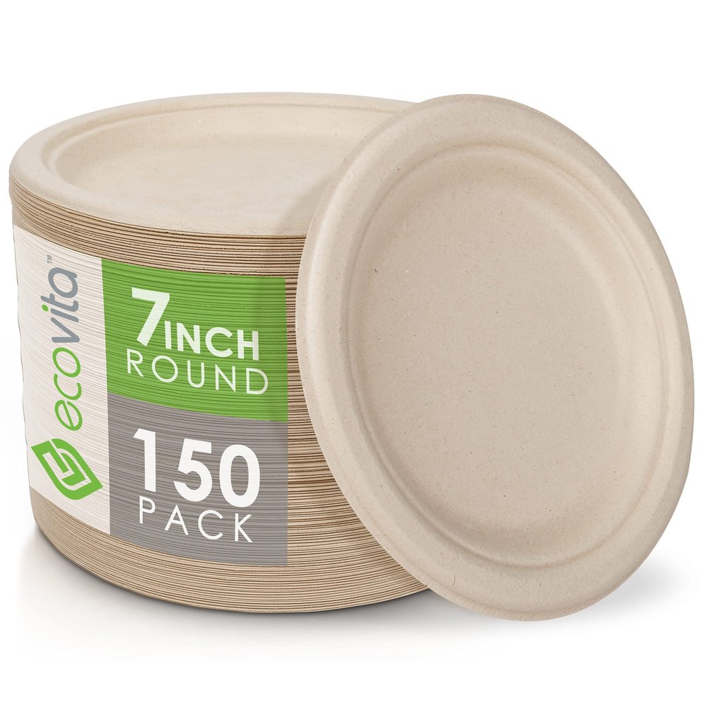 Ecovita 100% Compostable Paper Plates [7 in.]  150 Disposable Plates Eco Friendly Sturdy Tree Free Liquid and Heat Resistant Alternative to Plastic or Paper Plates