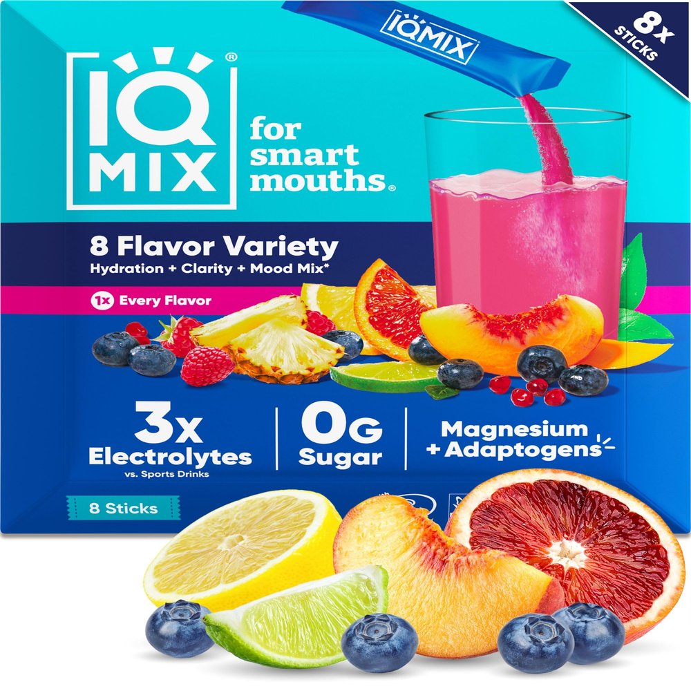 IQMIX Hydration Electrolyte Powder - 4-in-1 Formula for Hydration, Mental Clarity, Mood & Recovery - Sugar-Free, Keto Drink Mix with Magnesium L-Threonate & Lions Mane - 8-Count Sampler (All Flavors)