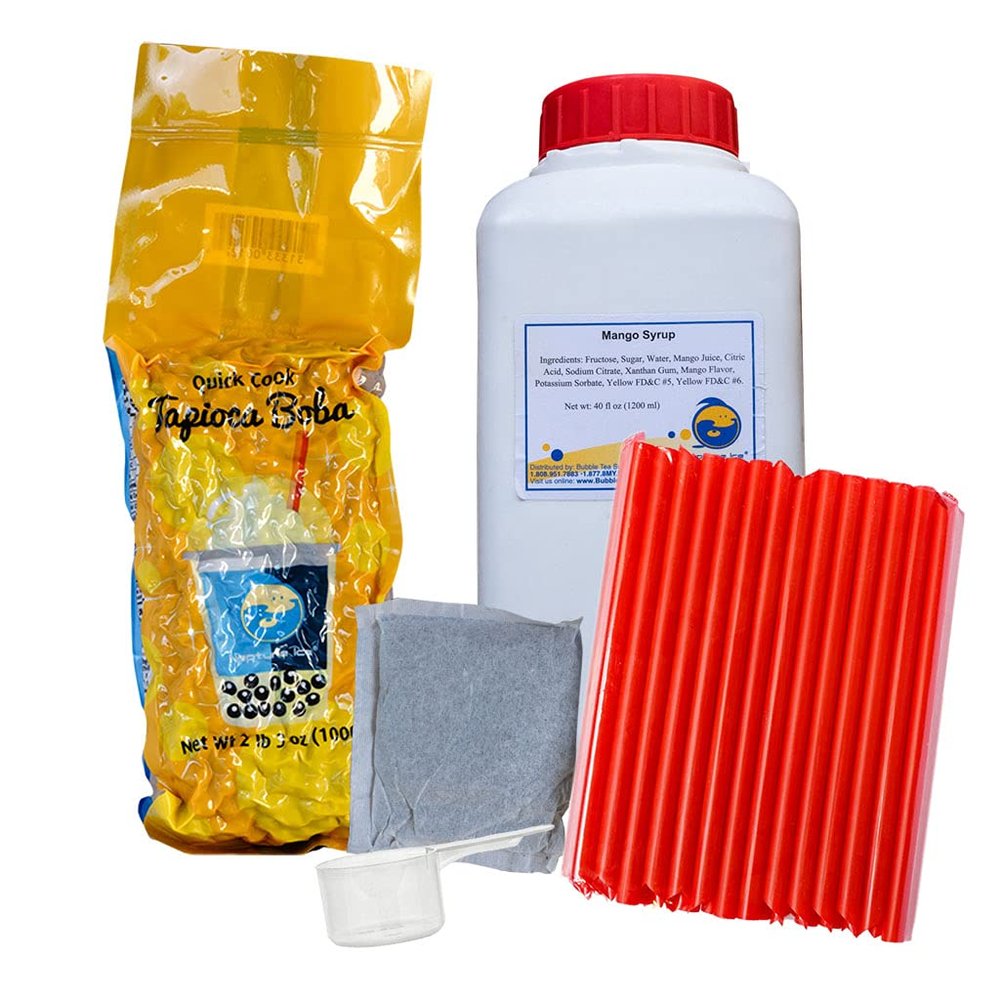 BUBBLE TEA SUPPLY At Home Mango Syrup Green Jasmine Tea [40-45 drinks] Starter Bubble Tea Boba Kit Gift Set