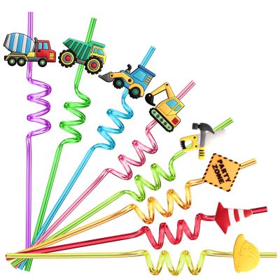 24 Reusable Construction Plastic Straws Excavator Bulldozer Blender Truck for Construction Theme Birthday Party Supplies Gift Favors with 2 Cleaning Brushes