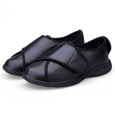 ZJING Mens Wide Diabetic Leather Shoes, Adjustable Closures Walking Slippers for Arthritis Edema Swollen Feet Middle-Aged Elderly Men,Black,14