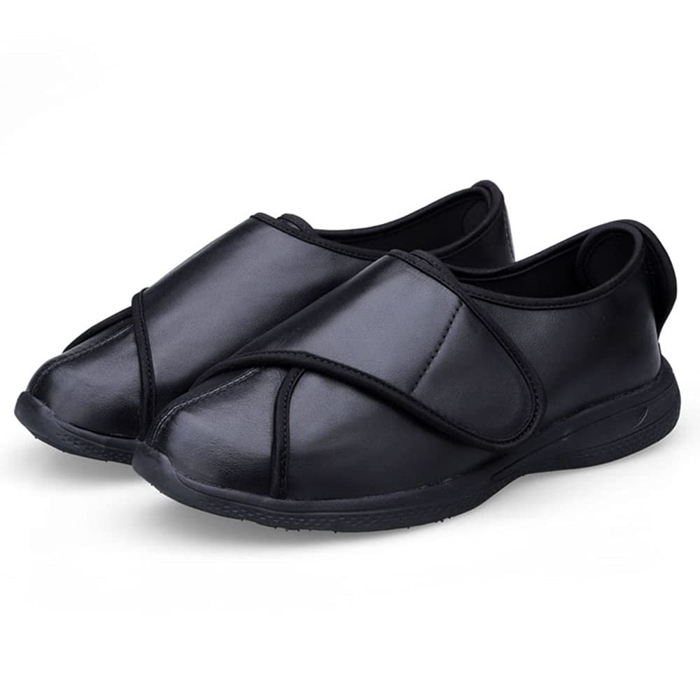 ZJING Mens Wide Diabetic Leather Shoes, Adjustable Closures Walking Slippers for Arthritis Edema Swollen Feet Middle-Aged Elderly Men,Black,14