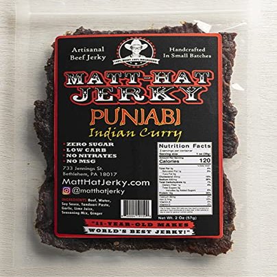 Matt-Hat Punjabi Indian Curry Artisanal Beef Jerky made with Soy Sauce, Tandoori Paste & Beef - Low Carb & Gluten Free with No Added Sugar, Nitrates or MSG 2 oz. Bags