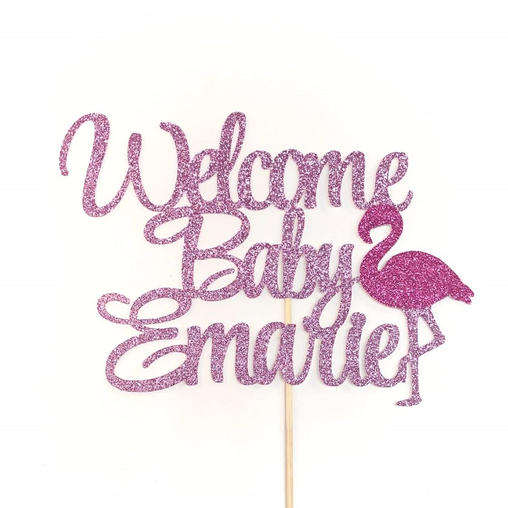 Atelier Elegance ANY NAME, Welcome Baby Cake Topper, Tropical Baby Shower, Flamingo, Aloha