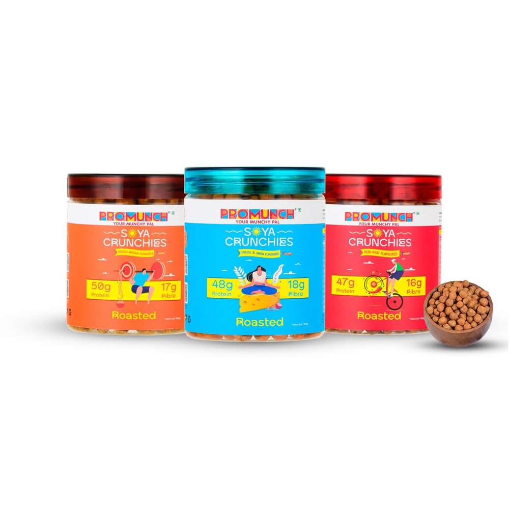 PROMUNCH Roasted Soya Snack | High-Protein | Healthy | Gluten-Free | Pack of 3, Flavour: Cheese & Onion, Peri-Peri And Noodle Masala,150 g Each