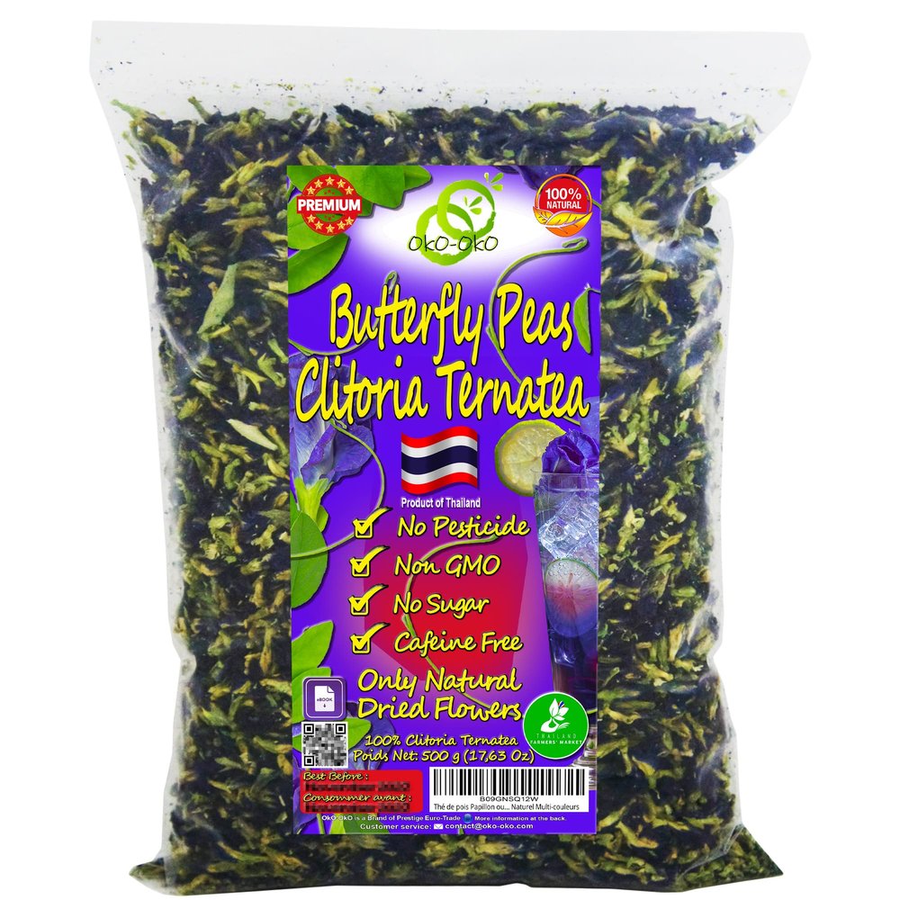 Butterfly Pea Tea 17.63 oz | OkO-OkO - Premium - 500g WHOLE DRIED FLOWER from Thailand - Blue natural infusion - Herbal tea - Blue tea - Organic Vegan food coloring - Natural color changing cocktail and meal
