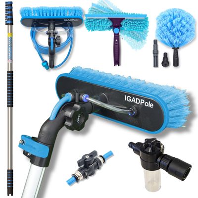 IGADPole 20 FT Water-Fed Washing Kit with Soap-Dispenser, Brush, 10 Squeegee & Cobweb Duster for Windows, Gutters, Solar Panels & Exterior Walls