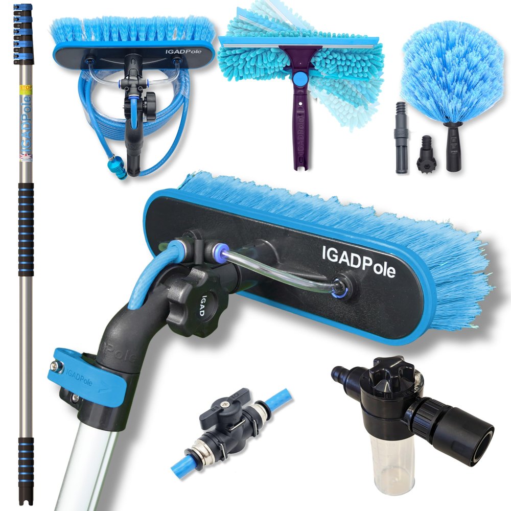 IGADPole 20 FT Water-Fed Washing Kit with Soap-Dispenser, Brush, 10 Squeegee & Cobweb Duster for Windows, Gutters, Solar Panels & Exterior Walls