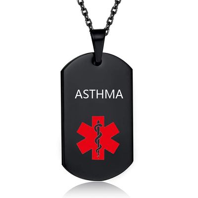 DWJSu Medical Alert ID Black Necklace for Men Stainless Steel ASTHMA Emergency Medical Alert Jewelry Dog Tag Necklace Women
