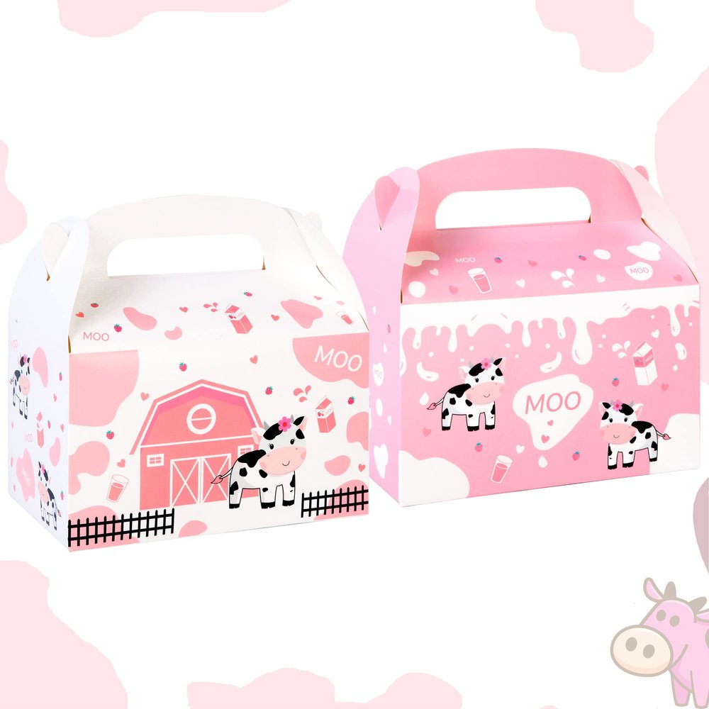 umoni Cow Party Favor Treat Boxes 12 Pack Pink Cow Gift Goodie Boxes for Girls Birthday, Farm Animal Theme, Barnyard Party Supplies