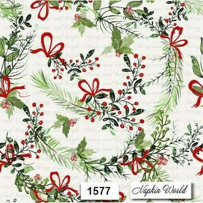 (1577) TWO Individual Paper LUNCHEON Decoupage Napkins - CHRISTMAS GREENS RIBBON