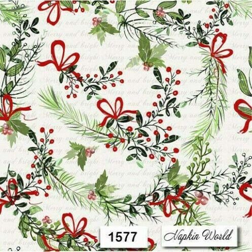 (1577) TWO Individual Paper LUNCHEON Decoupage Napkins - CHRISTMAS GREENS RIBBON