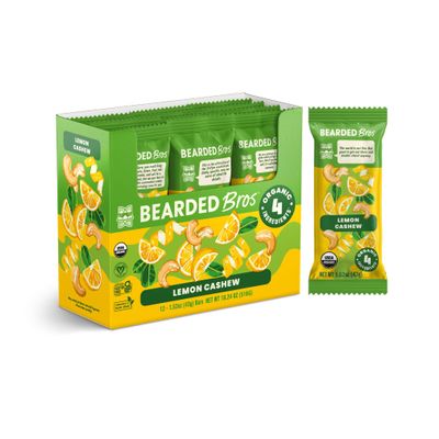 Bearded Brothers Vegan Organic Food Bar - Lemon Cashew, 12 Pack, Gluten Free, Paleo, Fiber, Whole 30 | Non GMO Low Glycemic Snacks (Packaging May Vary)