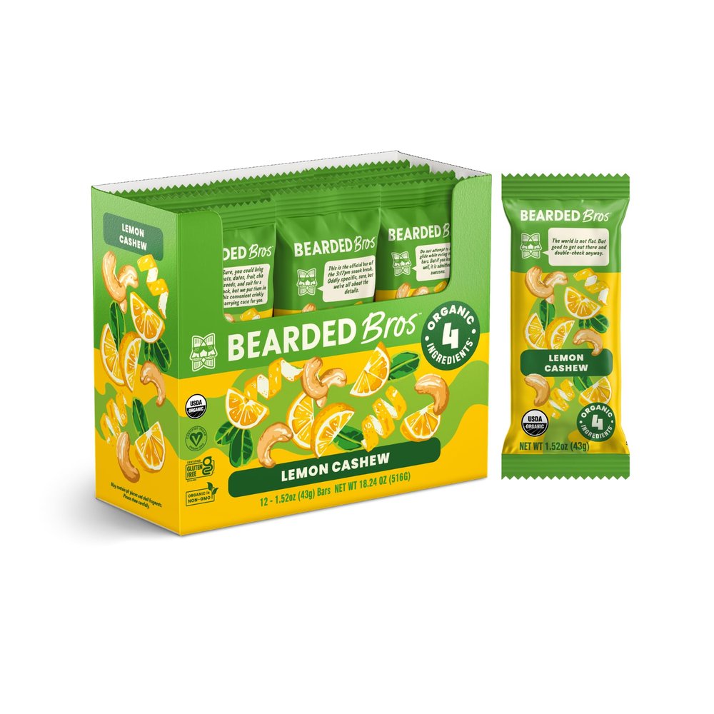 Bearded Brothers Vegan Organic Food Bar - Lemon Cashew, 12 Pack, Gluten Free, Paleo, Fiber, Whole 30 | Non GMO Low Glycemic Snacks (Packaging May Vary)