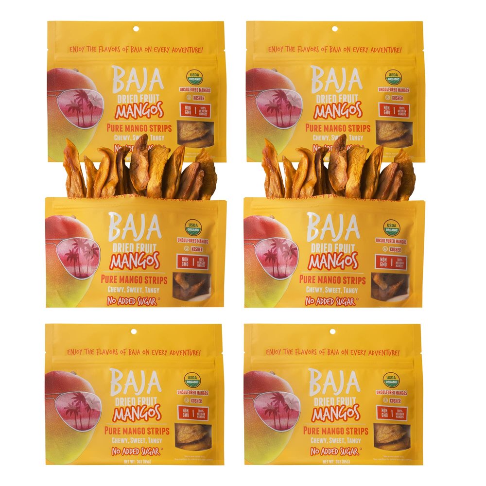 Baja Snacks Dried Mango - USDA Organic Dried Mango No Sugar Added, Naturally Sweet, Vegan, Gluten Free, Healthy Non GMO Snack, Organic Dried Mango Unsweetened and Unsulfured - 3 oz (Pack of 6)