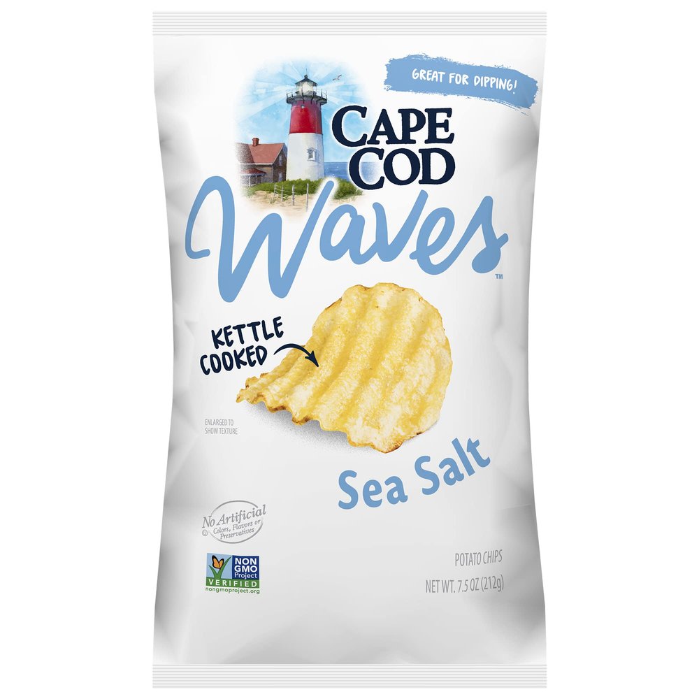 Cape Cod Waves Kettle Cooked Potato Chips, Satisfying All Natural- Great For Dipping (Original with Sea Salt, 4 Bags)
